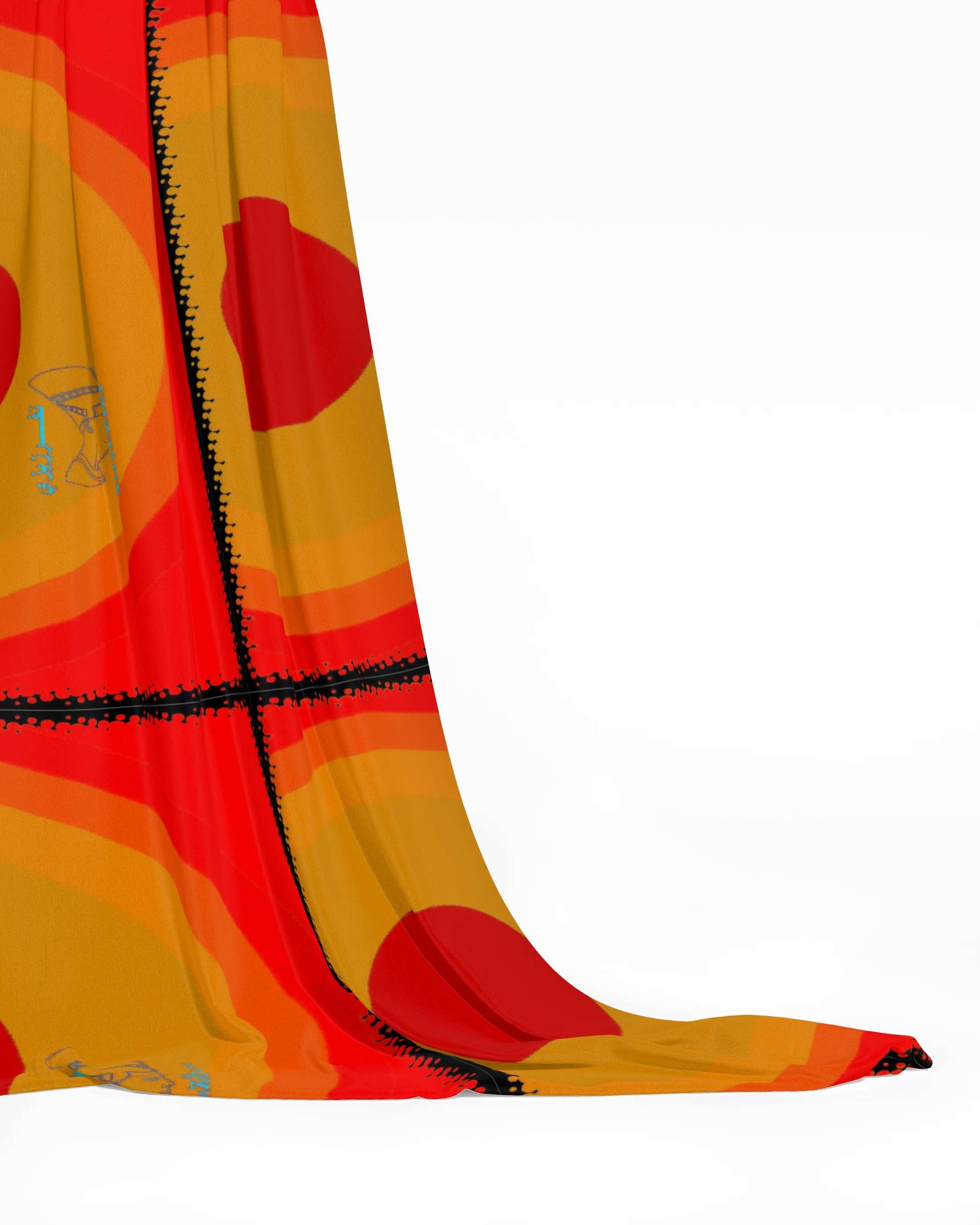 A beautifully draping fabric in Red, Orange, Yellow and black colours., 