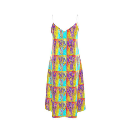 A slip dress with lotus flower print all over.