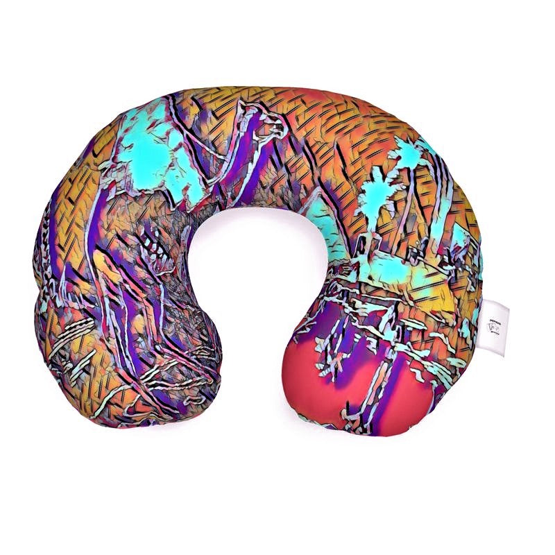 Neck Pillow for travelling or home use with a colourful image of a man and a camel.