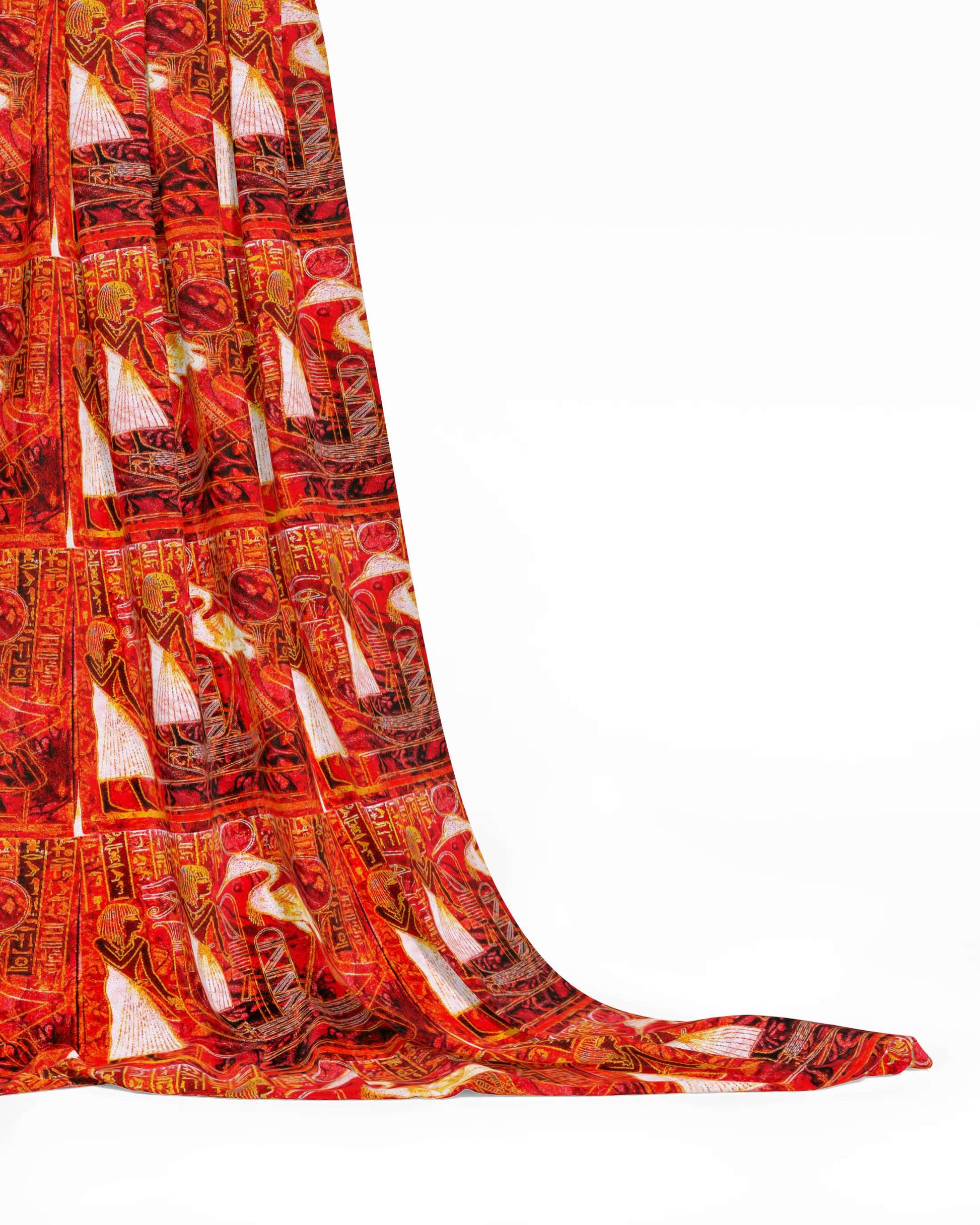 Ra-Solar-Barque fabric in orange, yellow, gold and brown.