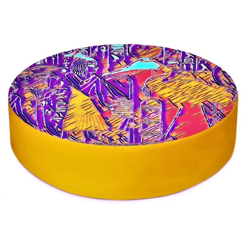 a bright colours round floor cushion with Ra-Solar-Barque image on.