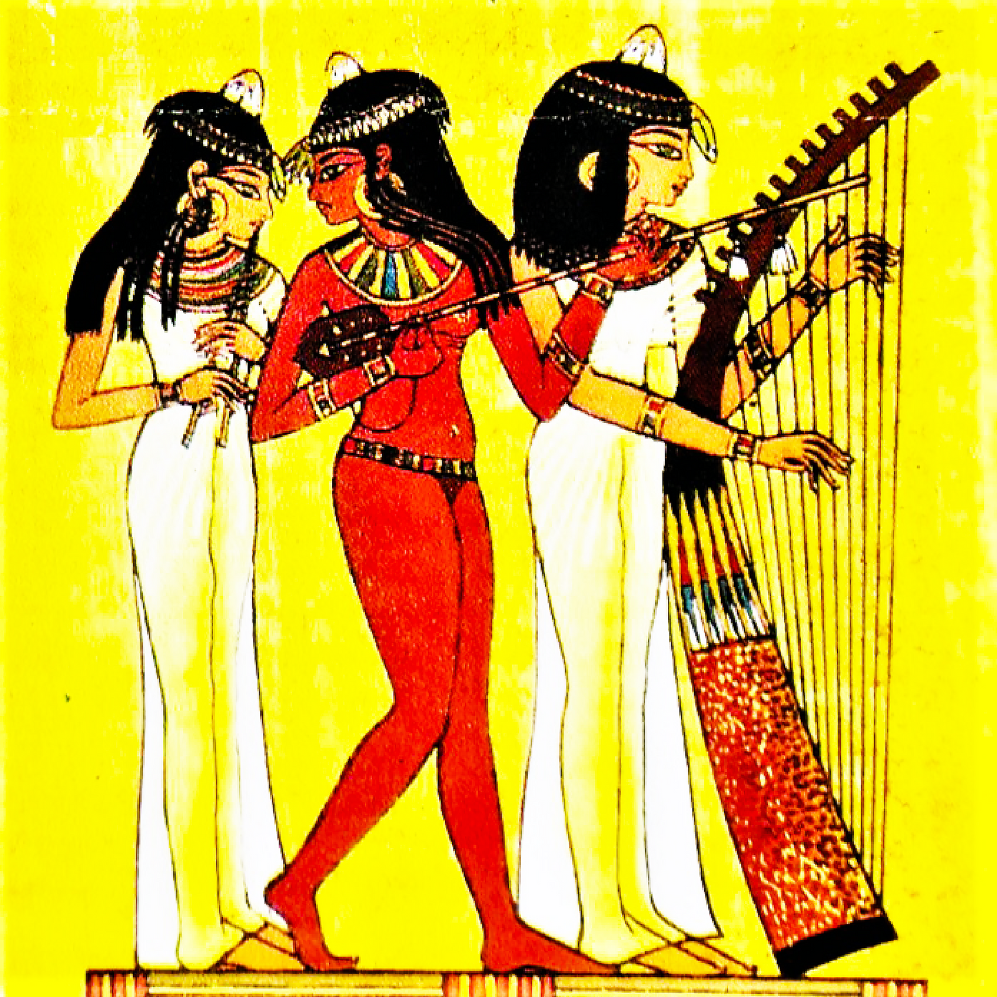 A fabric sample with three ancient Egyptian girls playing a harp.