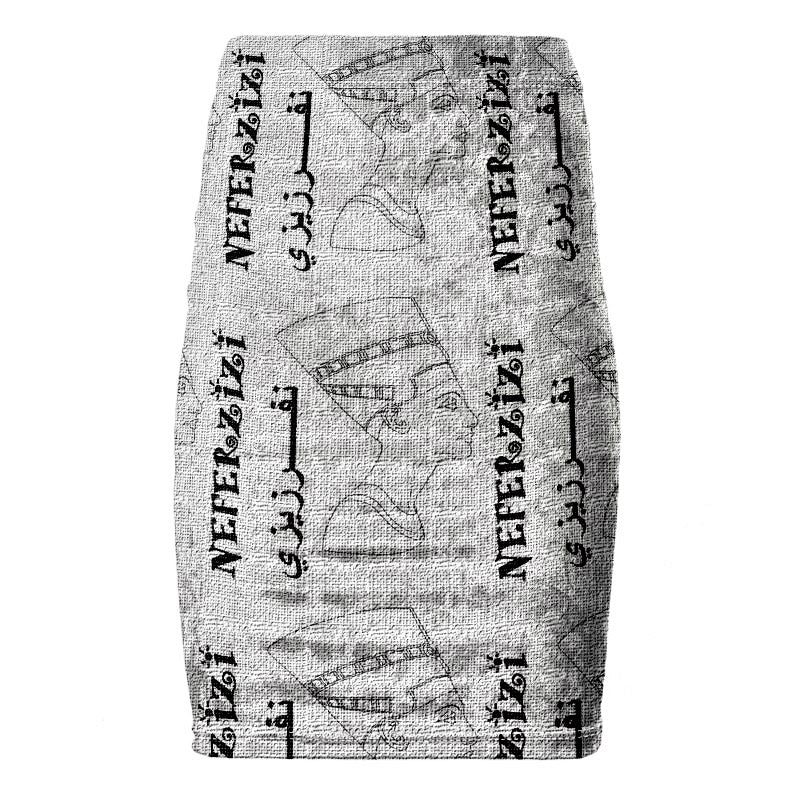 A black and white pencil skirt with Nefertiti's head and an Arabic and English writing.