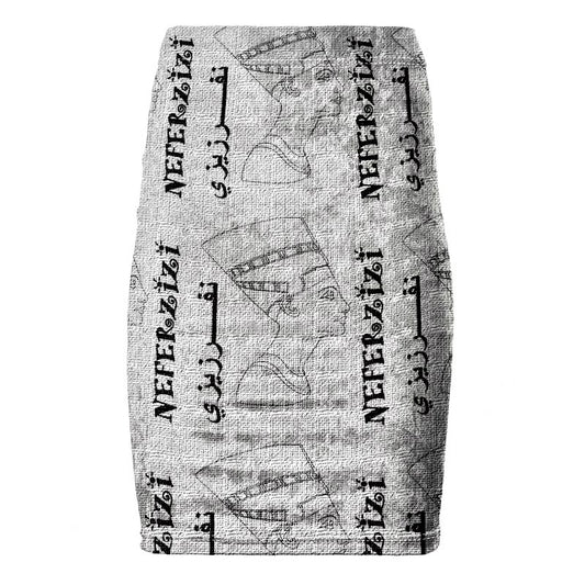 A black and white pencil skirt with Nefertiti's head and an Arabic and English writing.