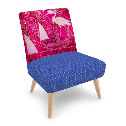 A chair is in two colours, the back of the chair is in graded pink and gold with the image of Ra-Solar-Barque and the seat of the chair is in royal blue colour.