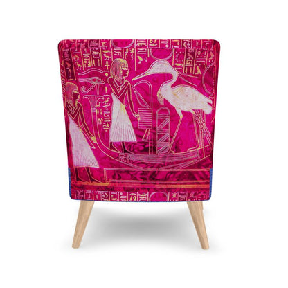 The back of the back of the seat is in graded pink and gold with the image of Ra-Solar-Barque.