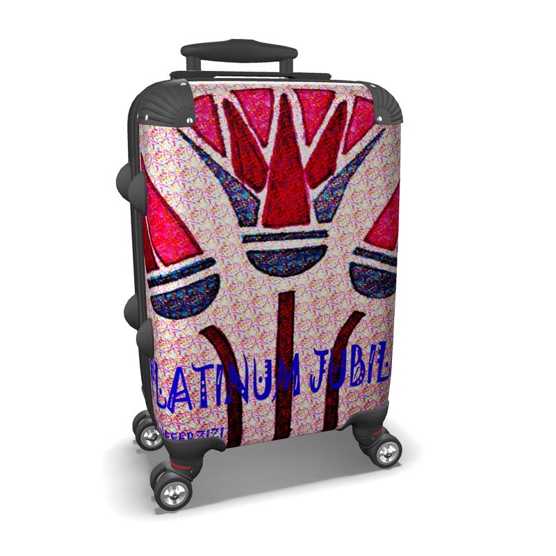 a suitcase with lotus flower and writing "Platinum Jubilee and By Neferzizi"      