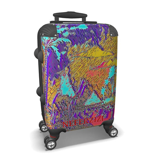 A durable luggage with a man, a camel, palm trees and pyramids image on.