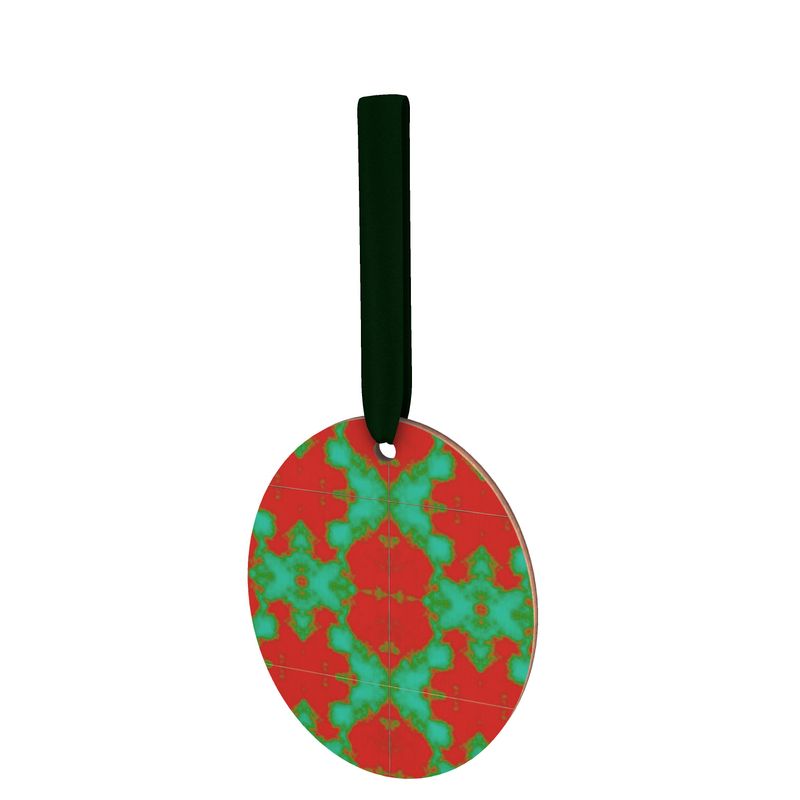 A wooden round Christmas Decoration in red and green.