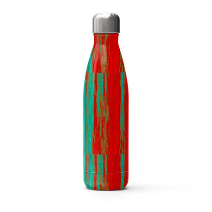 A Stainless Steel Thermal Bottle in red and green and white metal.