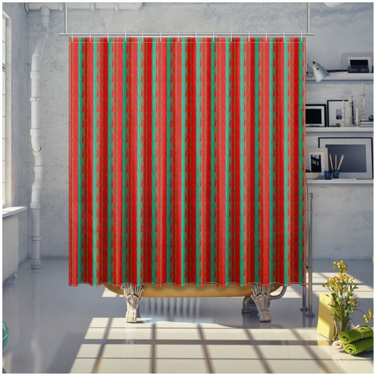 Shower curtains in a very bright red and green colours.