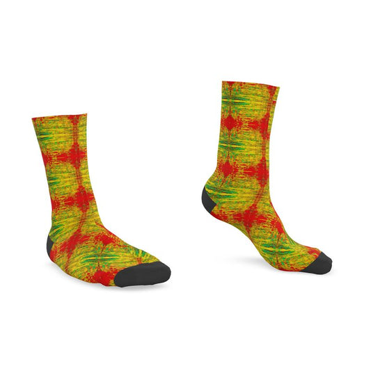 Colourful socks in green, red and yellow.