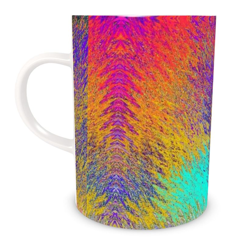 A very colourful tall mug.