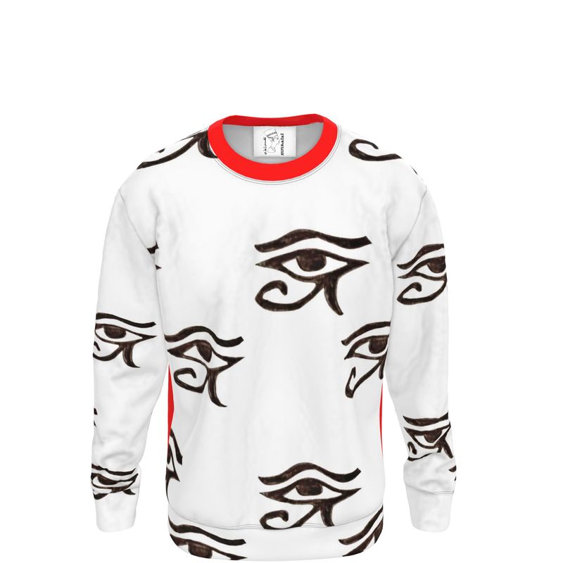 A Unisex Sweatshirt with the Eye of Horus in black and white background and red neck rib.