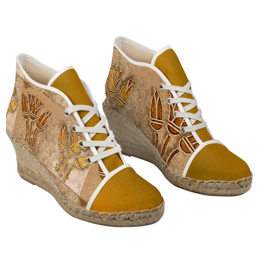 Wedges Espadrilles with Lotus print in mustard colour