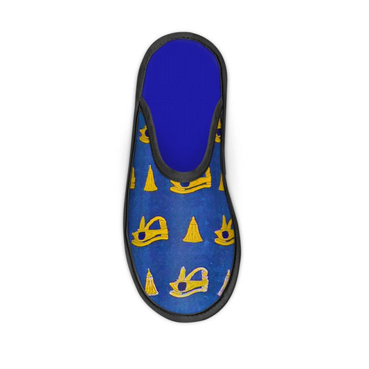 Slippers in royal blue and gold Eye of Horus and Lotus Flower  print.