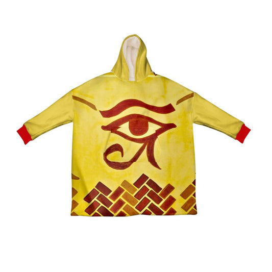 A Hoodie Blanket in merry and bright yellow colour and a bold Eye of Horus print in reddish.