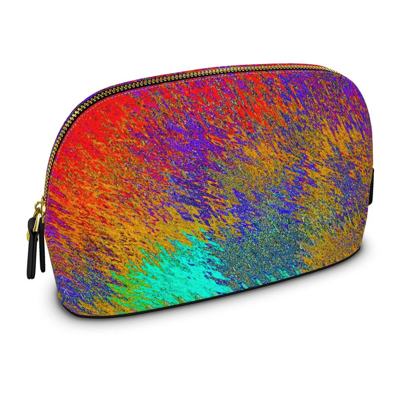 A colourful make up bag with a zip.