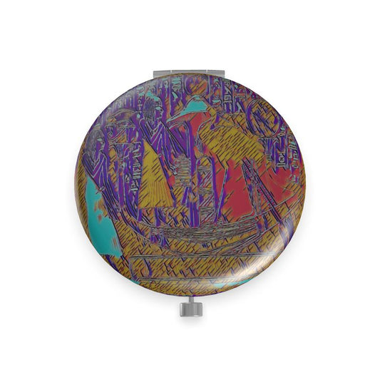 A compact mirror with Ra image print.