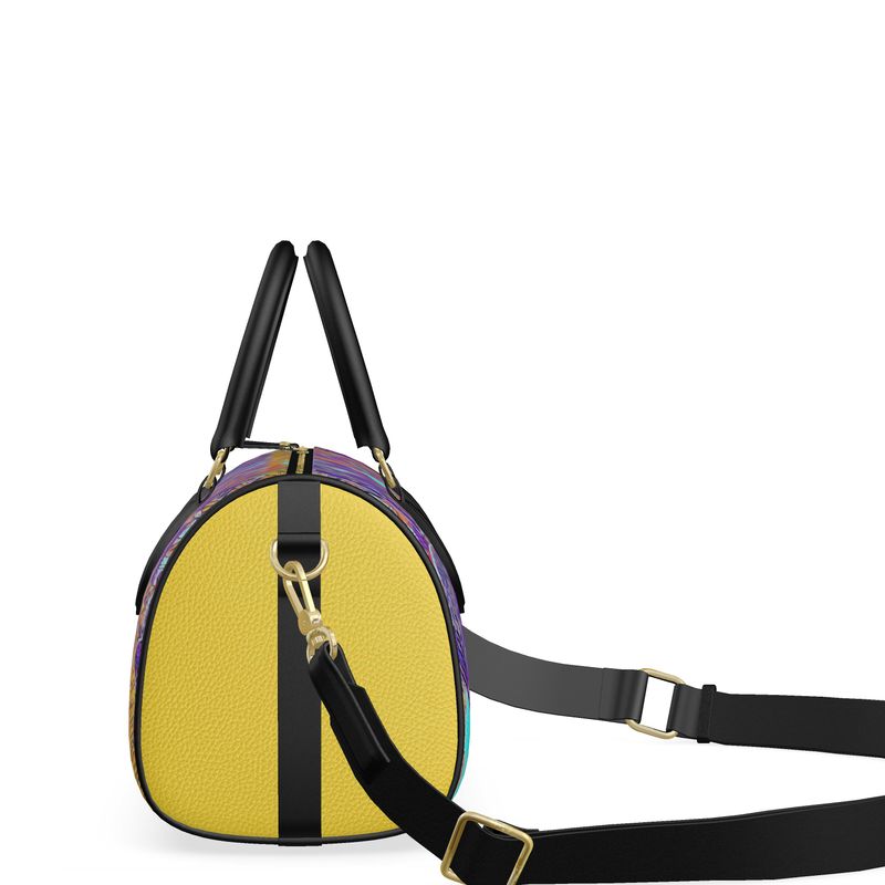 One side of the duffle bag is in yellow colour.